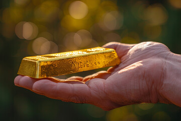 A man's hand holding a shiny gold bar, symbolizing wealth and financial concepts