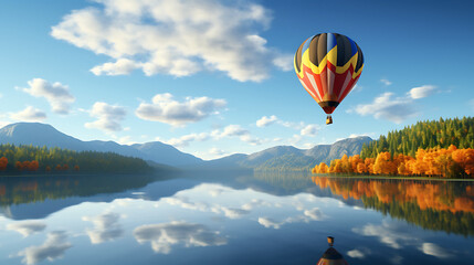 hot air balloon on the lake and mountains 