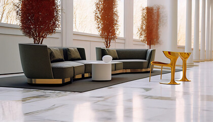  polished white floors, gilded gold modernist furniture