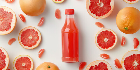 Grapefruit juice homemade from fresh ingredients on white studio background. Advertisement of delicious beverage drink with organic ingredient concept. Empty space place for text, copy paste 