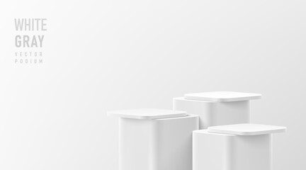 Wall Mural - realistic 3d round corner cube stand podium set in white, gray color scene. vector abstract geometri