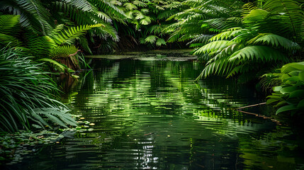 Wall Mural - A pond with green leaves and a reflection of the trees
