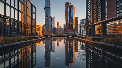 A city skyline with a large body of water reflecting the buildings