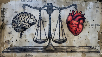 a sketch of old school scales measuring a brain and a heart