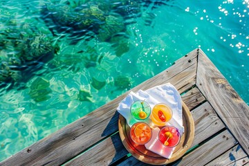 Sticker - cocktails and a white fabric napkin on a platter, on a wooden pier, with crystal clear turquoise waters