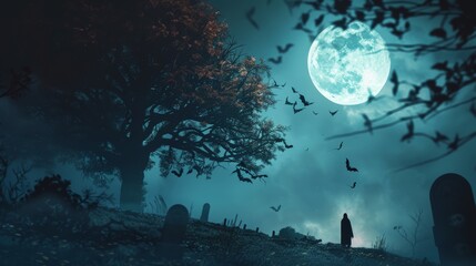 Wall Mural - Misty Graveyard with Full Moon and Bats