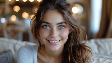 Wall Mural - A young woman with long brown hair smiles brightly in a soft-lit home setting