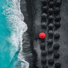 Canvas Print - beach with black sand. black and red umbrella