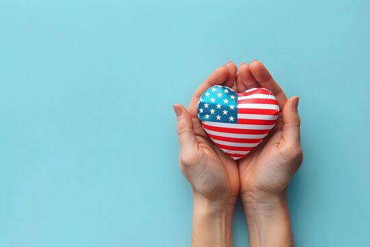 Close-Up of hands holding a heart shaped American flag symbol, patriotic USA independence day love national pride fourth July celebration labor memorial care support concept