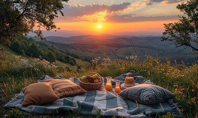 Sticker - A Romantic Picnic Setting with a Blanket, Cushions, and a Basket of Fresh Fruits and Cheese