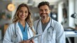 © Neural Pixels - Two doctors, a woman and a man, stand together, both smiling, in a modern healthcare facility. They are holding a tablet and seem to be discussing something on it
