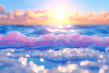 Wall Mural - A beautiful ocean scene with a pink and blue sunset in the background. The water is calm and the waves are small
