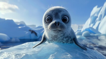 A seal on an ice floe in the ocean, the baby lies on the ice floe.