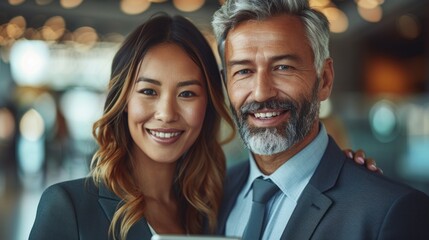 Wall Mural - A woman and man in business attire smile confidently while working together in a modern office