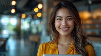 A young woman with long, dark hair smiles brightly in a cafe setting