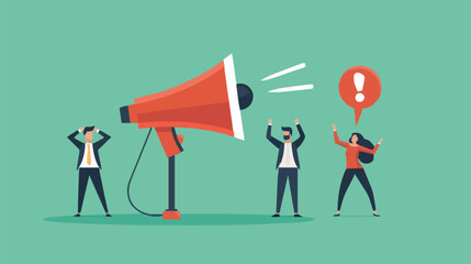 People announce advertising with megaphone vector illustration. Awareness focus loud speaker man and woman. Business banner marketing group media. Speech news promotion network leadership poster