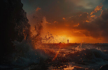 Wall Mural - A fisherman standing on the rocks fishing in front of an ocean wave crashing against them during sunset