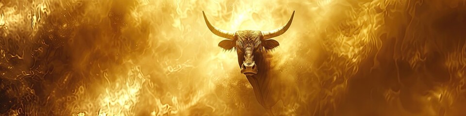 A bull with horns is in the middle of a fire