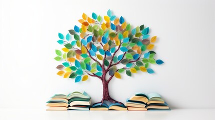 Colorful books sprout from tree on white background - international literacy day concept


