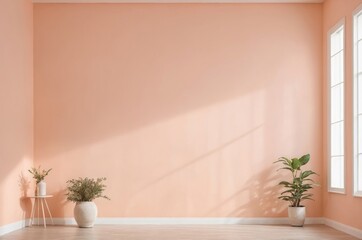 Poster - Bright and airy room features peach wall sunlight streaming through window and two potted plants