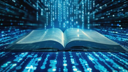 Open book education with abstract binary software programming code background
