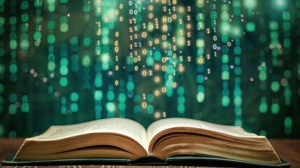 Open book education with abstract binary software programming code background