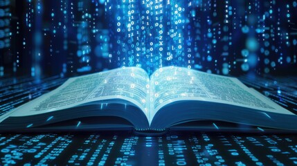 open book education with abstract binary software programming code background