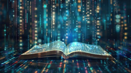 Open book education with abstract binary software programming code background