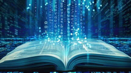 Open book education with abstract binary software programming code background