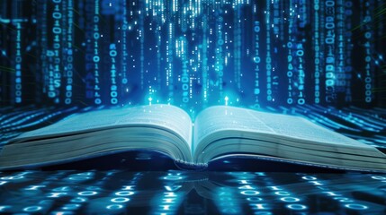 Open book education with abstract binary software programming code background