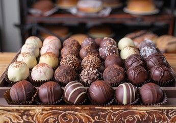 A luxurious display of chocolate truffles in assorted flavors and coatings, elegantly placed in a decorative box with a bakery backdrop