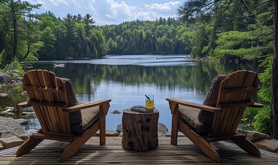 Sticker - A Scenic Lakeside Dock with Two Adirondack Chairs, Soft Cushions, and a Small Table Holding Lemonade