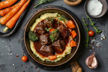 Wall Mural - Appetizing beef bourguignon with red wine sauce, roasted carrots,