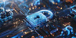 © jex - A digital blue lock symbol on a circuit board background, representing data protection and cybersecurity. Concept of internet safety, business technology security systems, and encryption protection.