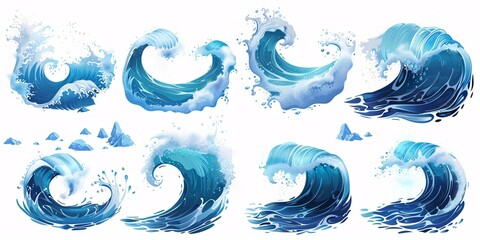 Wall Mural - A collection of ocean waves with blue splashes and motion, isolated on a cartoon background.