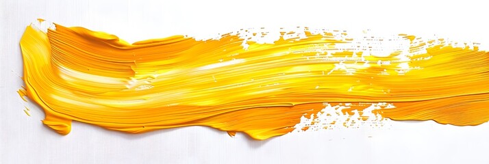 Wall Mural - A single stroke of thick yellow paint isolated on white background, emphasizing the texture and color depth of the brushstroke 
