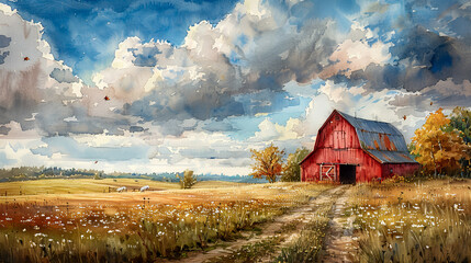 Canvas Print - Watercolor: Old barn in the field