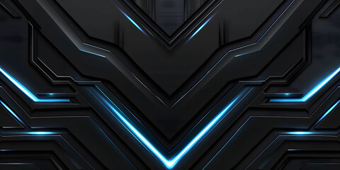 Wall Mural - Abstract symmetric black background with blue glowing neon lines, featuring futuristic geometric shapes and fluid stripes, perfect for technology-inspired designs or high-tech digital art.