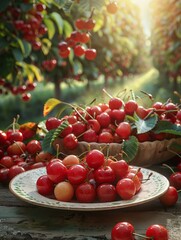 Wall Mural - cherries on a plate on the table, blurred background of an orchard, a pastoral scene of tranquility