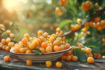 Wall Mural - yellow cherries on a plate on the table, blurred background of an orchard, a pastoral scene of tranquility