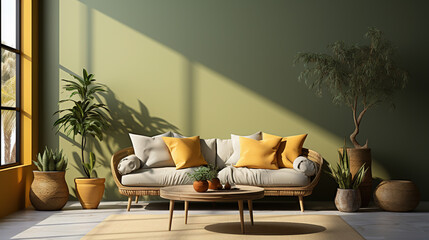 living room scene, simple layout, mid size sofa with a circular coffee table in front of it, a tall plant next to the sofa, large window surface