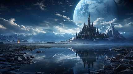 Wall Mural - moon over the lake and castle