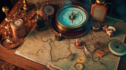 adventure-inspired design with compasses, maps, and vintage travel stamps