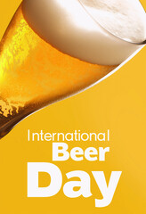 Poster with glass of beer and sign isolated on orange background for party, celebration and festival. International Beer Day, Happy beer day, National Beer Day, Oktoberfest. Card, poster, flyer, ads.