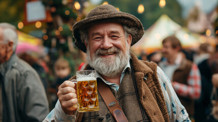 Man Celebrating Oktoberfest with Traditional Beer Mug and Bavarian Outfit