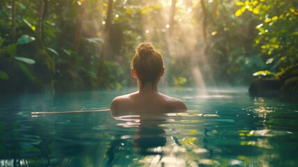 a beautiful young woman relaxing in a natural spring pool in a lush green forest, surrounded by nature, warm soft sunlight streaming through trees, zen-like relaxation, peace