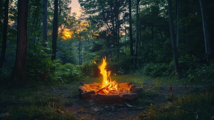 Wall Mural - Tranquil campfire scene at dusk in a lush forest clearing