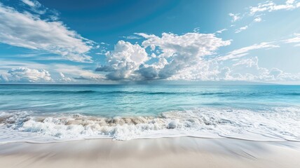 Wall Mural - Beautiful beach with white sand, turquoise ocean and blue sky with clouds in sunny day. Panoramic view. Natural background for summer vacation.
