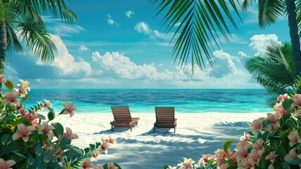 Panorama beautiful beach with white sand, turquoise ocean and blue sky with clouds on Sunny day. Summer tropical landscape with green palm trees and Straw umbrellas with empty copy space