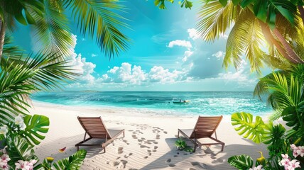 Wall Mural - Panorama beautiful beach with white sand, turquoise ocean and blue sky with clouds on Sunny day. Summer tropical landscape with green palm trees and Straw umbrellas with empty copy space